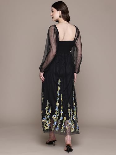 Label RITU KUMAR Black Eden Sweetheart Neck Full Sleeves Long Dress