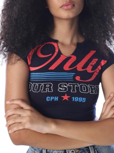 ONLY Women's Typographic Slim Fit Navy Blue T-Shirt
