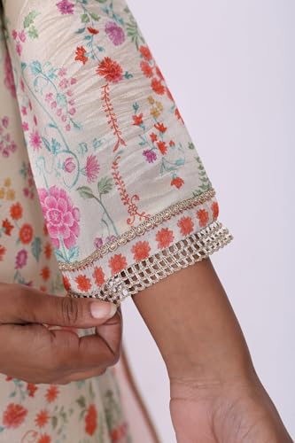 W for Woman Cream Floral Printed Tissue A Line Kurta with Straight Pant and Dupatta Set - (WS13090-126486-M)