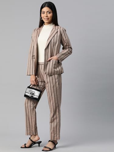 Cottinfab Women Striped Coffee Brown Notched Lapel Blazer Suit Set