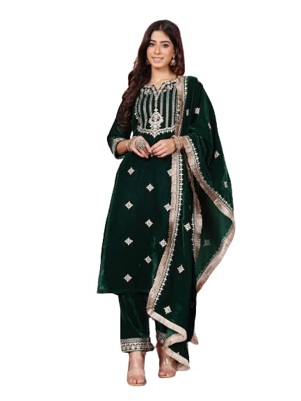 Varanga Women Green Velvet Round Neck Yoke Embroidered Straight Kurta Paired With Tonal Bottom And Embroidered Dupatta With Four Sided Fringes