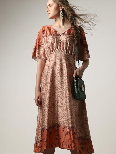 VERO MODA Women Abstract Print Orange Polyester Midi Length Fit and Flare Dress
