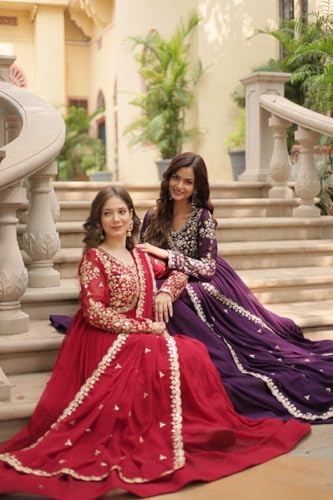 Mehervaa by vinni Women's Purple Embroidered Anarkali Suit Set with Dupatta, Gold Zari Work, Long Sleeve Ethnic Gown (in, Alpha, L, Regular)