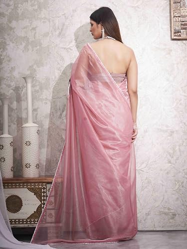 Womanista Women's Net Sequinned Saree (TI6493_Pink)