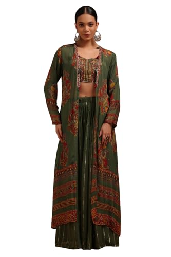 Soch Womens Green Chinon Ethnic Motifs Co-Ord Set With With Beads and Stones