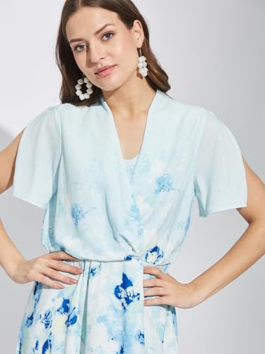 Latin Quarters Women Blue V-Neck Half Sleeves Tie Dye Knee Length A-Line Dress for Casual Wear_L
