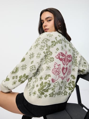 The Souled Store Fairytale Women and Girls Long Sleeves Round Neck Printed Knitted Acrylic Zippered Front Drop Shoulder Streetwear Trendy Oversized Sweater
