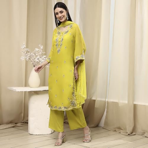BIBA Women Lime Green Embroidered Straight Suit Set_38
