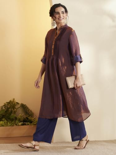 BIBA Poly Satin Dyed Straight Semi-Formal Kurta With Palazzo And Inner