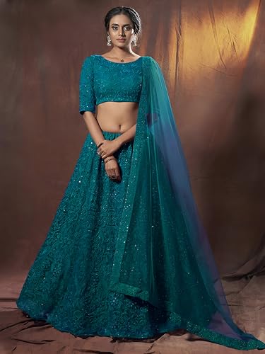 Zeel Clothing Thread Sequins Embroidery Work Soft Net Semi-Stitched Lehenga Choli Set With Dupatta (6017-Teal-Green-Women-Lehenga-Choli-New; Free Size)