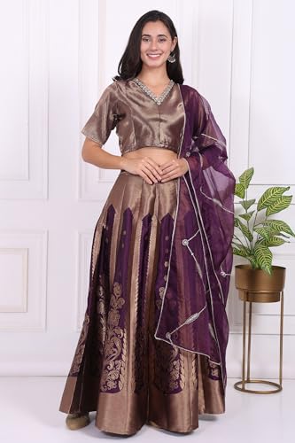 W for Woman Purple Embellished Jacquard Straight Crop Top, Skirt and Dupatta Set - (WS13240-314468-3XL)