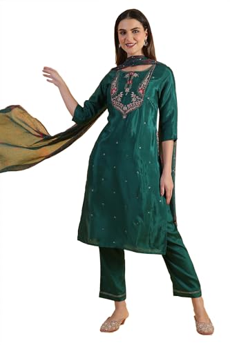 W for Woman Green Thread Embroidered Straight Kurta and Pants Set with Dupatta (Size: XL)-WS12310-119954