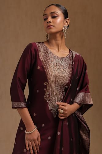 Soch Womens Wine Organza Zari Woven Suit Set With Cutdana