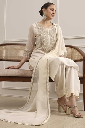 Biba Women's Polyester Kurta, Bottom, Dupatta (SKDUTSV31130AW25OWHT
