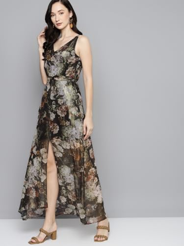 SASSAFRAS Green Floral Chiffon V-Neck Belted Maxi