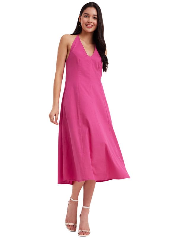 FableStreet Linen Princess Line Dress - Fuchsia