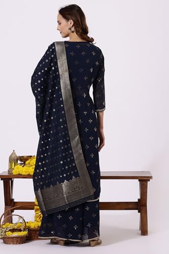 W Blue Straight Kurta, Flared Pant & Dupatta for Women (Size: 3XL)-24AUWS11679-400712