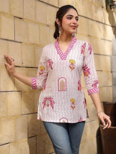 NAINVISH Women's Pink Floral Printed A-line V-Neck Top (SD671_T-XL_(3)