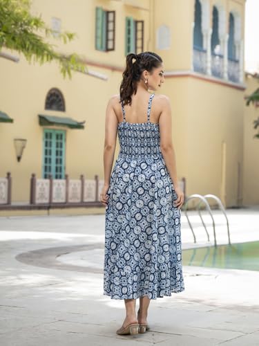 Divena Blue Floral Print Pure Cotton Fit & Flare Dress