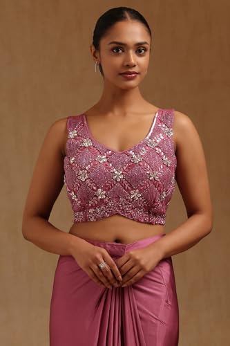 Soch Womens Blush Pink Spandex Solid Ready To Wear Saree