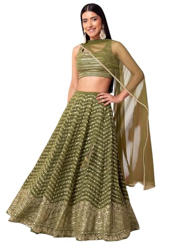 Zeel Clothing Women's Sequins Zari Embroidered Georgette Designer Lehenga Choli with Dupatta (7093-Green-Womens-Lehenga-Choli-Latest; Free Size) (Green)
