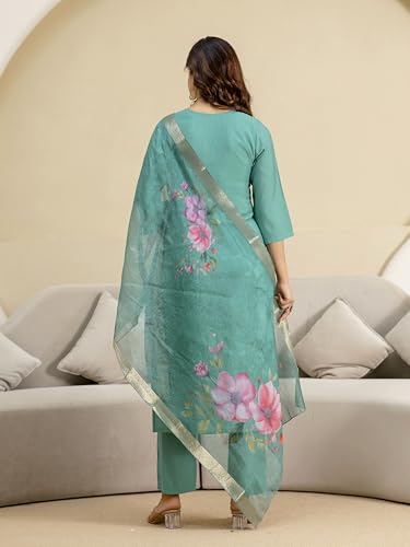 TRENDMALLS Women's Roman Silk Embroidery Kurta Pant with Dupatta Set (G372-Turquoise-3XL-)