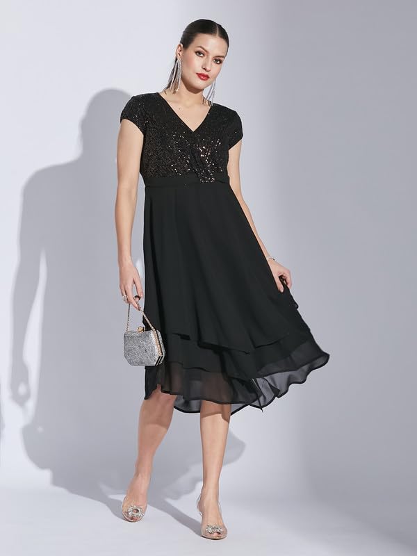 Latin Quarters Women Black V-Neck Cap Sleeve Solid Dress_XXL