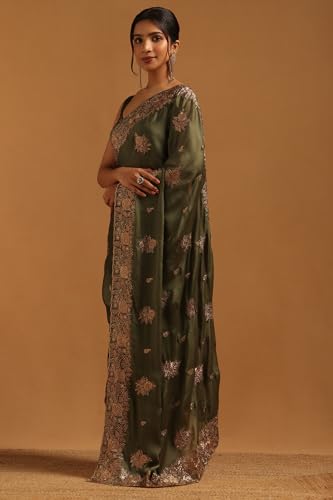 Soch Womens Green Fendy Chiffon Floral Saree With Stone Work