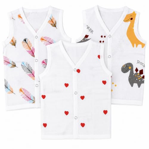 MomNess Baby Muslin Jabla Vest, 100% Pure Muslin Cotton, Newborn Cotton Jabla, Baby Dress, Soft, Infant Dress (White with Multicolour Prints 3-6M)