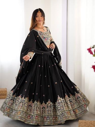 JIHU CULTURE Women's Natural Silk Coding Dori With Sequence Embroidery Work Semi Sttiched Lehenga Choli Set For Wedding (Black)