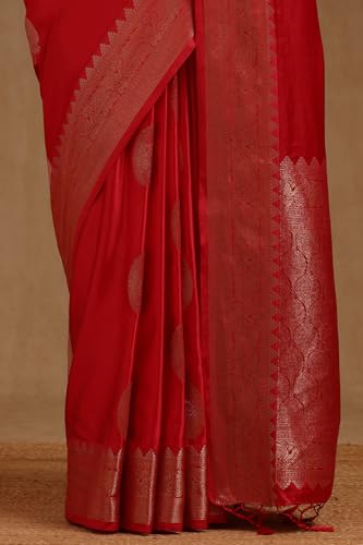 Soch Womens Red Satin Zari Woven Saree