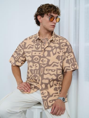 The Souled Store Oversized Shirt: Marine Men and Boys Short Sleeves Collared Neck Button Front Brown All Over Printed Cotton Oversized Shirts