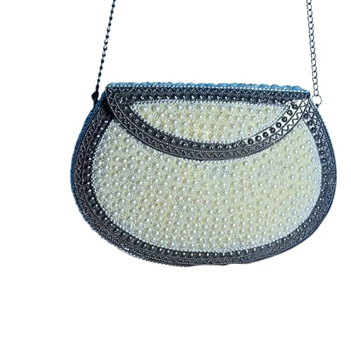 Handmade Pearl Mosaic Evening Clutch, Brass Frame with Chain Strap, Traditional Wedding Party Purse