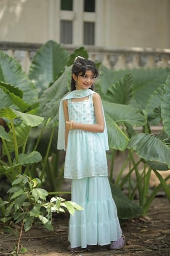 2STORY Kids Sharara Set for Girls with Kurti & Dupatta Traditional Ethnic Wear for Weddings, Festivals & Parties Comfortable Fabric Stylish Indian Outfit for Girls Pista Colour (Size 6-7 Years)