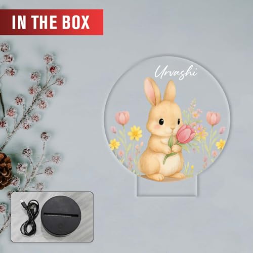GIFTMEBAZAR Personalized Cute Rabbit Led Night Lamp with Warm White Light & USB Powered | Childrens Room Bedside Desk Lamp Birthday Return Bunny Theme Gift for Kids