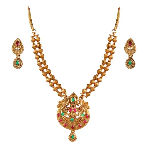 CUTE GOLD Antique Oxidised Plating Necklace With Earring For Women and Girls | Antique Temple Necklace Set for Women & Girls(AN-359)(Modern)