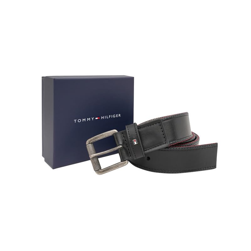 Tommy Hilfiger Men's Leather Belt Appleby - Black | Textured Black Finish | Rwb Detail | Leather Belt For Any Occasion | Size - L (100Cm)
