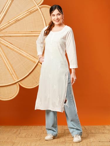 Ada Indian Hand Embroidered Chikankari Cotton Kurti Kurta Tunic for Women 5XL100376 White