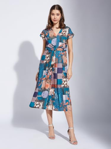 Latin Quarters Women Teal V-Neck Half Sleeve Printed A-Line Dress_S