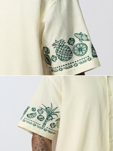 The Souled Store Summer Shirt: Desi Heat Men and Boys Short Sleeve Cuban Collar Light Yellow Embroidered Lightweight Easy to Style Everyday Street Wear Trendy Casual Cotton Oversized Shirt