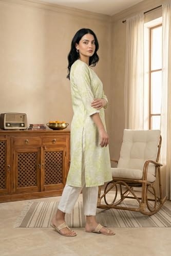 W for Woman Lime Green Lace Floral Printed Pure Cotton Straight Kurta - (W14164-127680-XXL)
