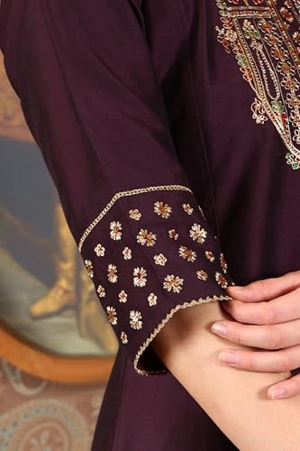 W for Woman Purple Solid Zari Embroidered A-Line Blend Kurta with Straight Pant and Dupatta Set (WS11970-222619-XL)