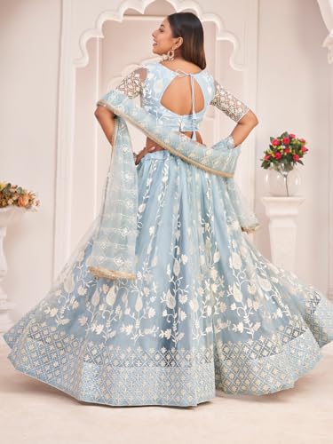 Zeel Clothing Womens Net Lehenga Choli Semi-Stitched Skyblue Wedding Bridal Free Size