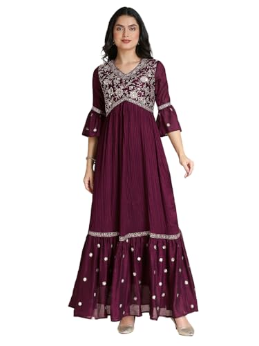 Madhuram Women's Vichitra Silk Crus Traditional Ethnic Long Gown with Sequence Embroidery Work Long Kurta(M-2445) (in, Alpha, XL, Regular, Maroon)
