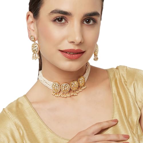 VOYLLA Faux Kundan and Pearls Embellished Gold Plated Traditional Jewellery Set