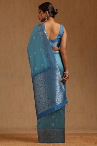 Soch Womens Blue Tussar Zari Woven Saree