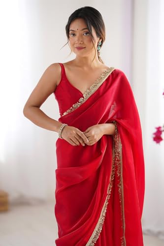 SGF11 Women's Fandy Satin Soft Silk and Sequence Handwork Lace Border Saree With Unstiched Blouse Piece (Pink)