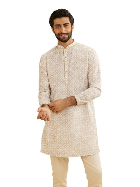 Manyavar Blended Cotton Men's Digital Print Kurta (Cream,XL)