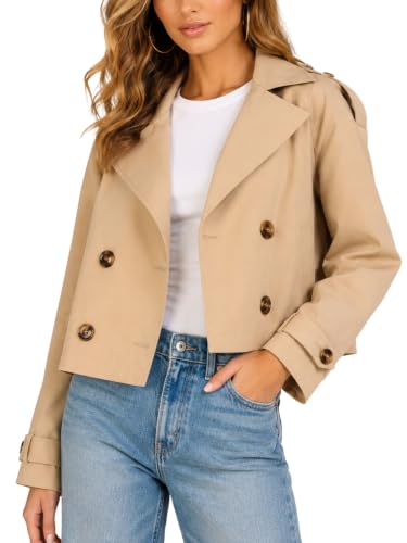 Steve Madden Cropped Lapel Trench Coat, Spring Jackets for Women, Womens Lightweight Work Jackets, Khaki, Small