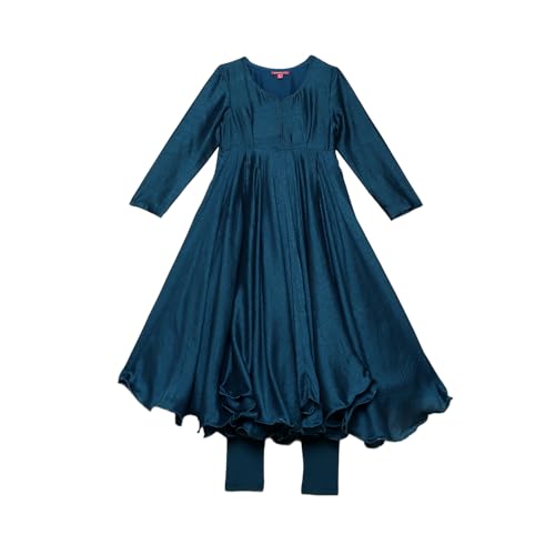 Biba Girl's Teal Polyester Blend Anarkali Suit Set